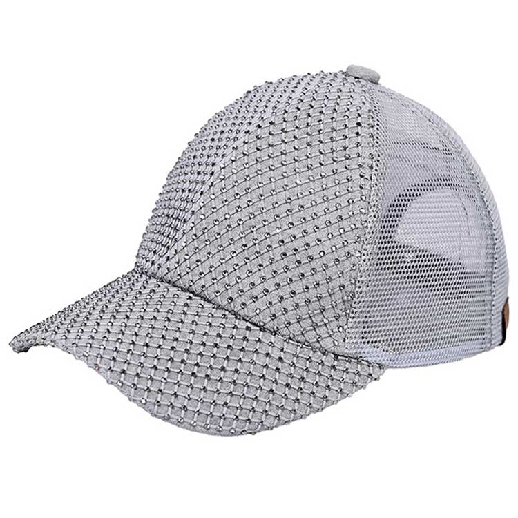 Gray C C Rhinestone Net Baseball Cap, features an embroidered smile face patch on the front, bringing a smile to everyone you pass by and showing your kindness to others. This beautiful baseball cap is comfortable to wear for a long time in hot weather. Perfect gifts for holidays, Mardi, Valentine’s Day, or any occasion.