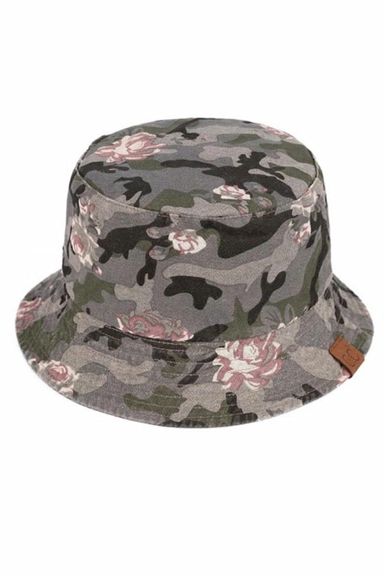 Gray C.C Floral Patterned Camo Print Reversible Shiny Rain Bucket Hat; this rain hat is snug on the head and works well to keep rain off the head, out of the eyes, and also the back of neck. Wear it to lend a modern liveliness above a raincoat on trans-seasonal days in the city. Perfect Gift for fashion-forward friend