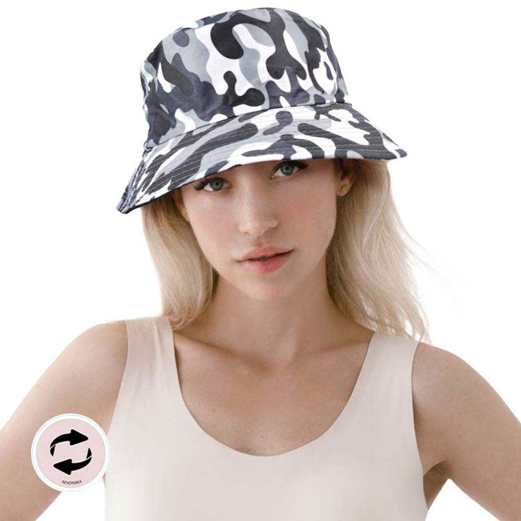 Gray Camouflage Patterned Reversible Bucket Hat, Protect your head from the sun in style with our reversible bucket hat made of breathable material! Camouflage Military Hats for Women Show off your personality and style with the urban style head hat go for recreation or outdoor activities. Match for daily casual clothing such as ,shirt, jeans, sunglasses and so on. Perfect summer, beach accessory.