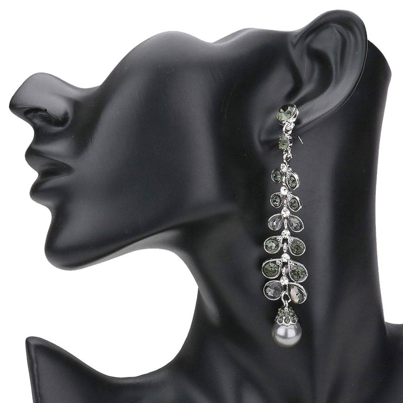 Gray Stone Embellished Leaf Pearl Link Dangle Evening Earrings, complete the appearance of elegance and royalty to drag the attention of the crowd on special occasions with these stone embellished leaf pearl dangle earrings. The beautifully crafted design adds a gorgeous glow to any outfit to make you stand out and more confident. Perfect jewelry gift to expand a woman's fashion wardrobe with a modern, on-trend style.