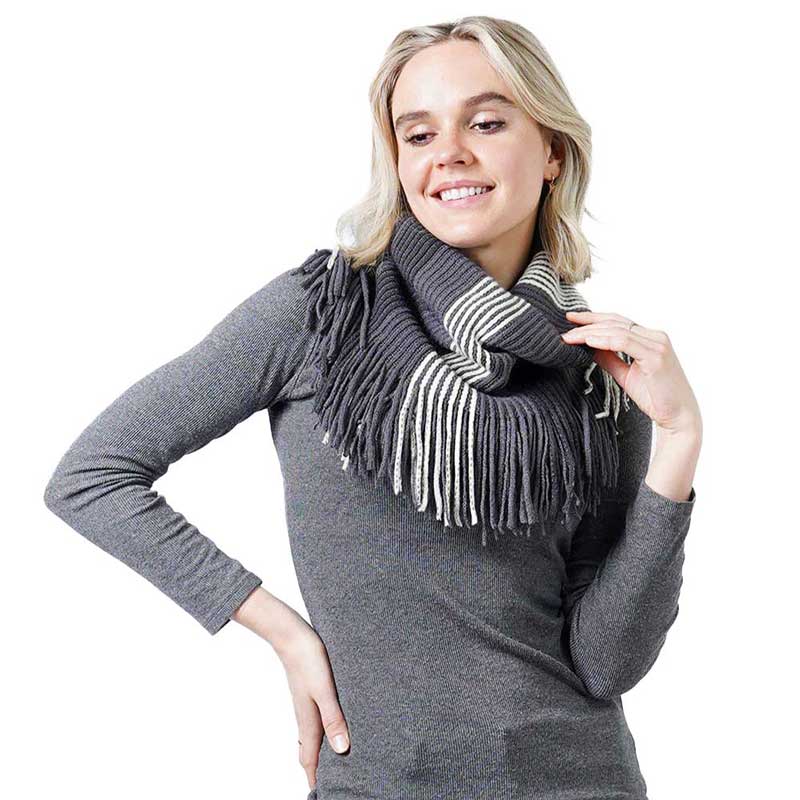 Gray Stripe Knit Tube Scarf With Tassel, This knit tube scarf is perfect and cozy accessory to keep you warm and stylish. on trend & fabulous, a luxe addition to any cold-weather ensemble. You will always look chic and elegant wearing this feminine pieces. Great for everyday use in the chilly winter to ward against coldness. Awesome winter gift accessory!