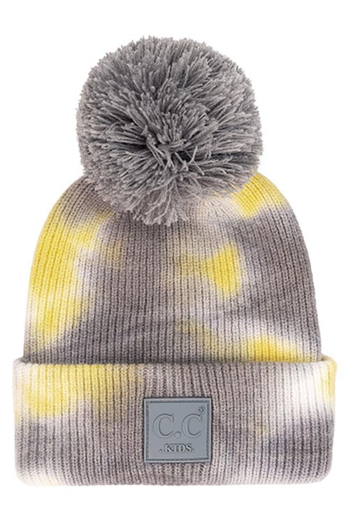 Gray Yellow C C Tie Dye Kids Beanie With C C Rubber Patch And Yarn Pom, beautiful tie dye design with yarn pom makes it unique and keeps you standing out with perfect beauty. Wear throughout the winter and cold days to ensure absolute comfortability. Coordinate with any outfit to match the best with perfect warmth and coziness. It Comes in one size winter cap with a pom that fits most head sizes. Enjoy the winter in comfort!
