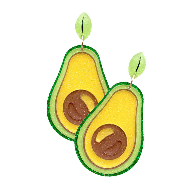 Green Glittered Resin Avocado Dangle Earrings. These fashionable trendy fruit earrings are suitable for every girl! These gorgeous earrings are unique in design, light and sparky. Perfect for Valentine’s Day, bachelorette party, Beach Party, Vacation Earrings, Party Earrings, Party Favors to glam up your party outfit.