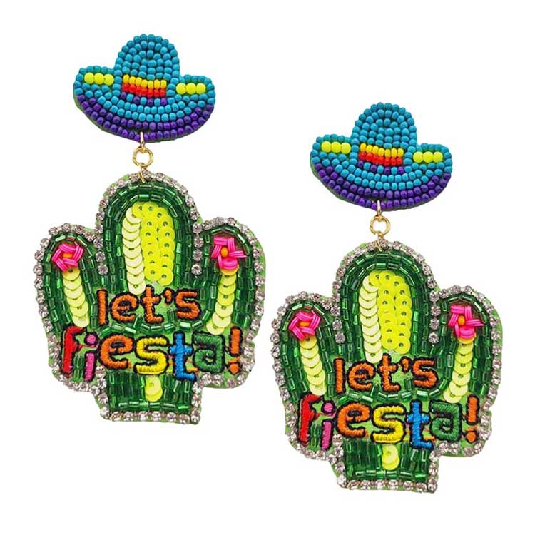 Green Lets Fiesta Felt Back Sequin Beaded Cactus Dangle Earrings. Are you ready for a fiesta? These eye-catching earrings put people into a fiesta state of mind. With fun beads and a colorful, Cactus fiesta charm, these earrings will get attention and are sure to make people smile and think of celebrating. Surprise your loved ones on this Cinco de Mayo gatherings, Mardi Gras celebrations and more.