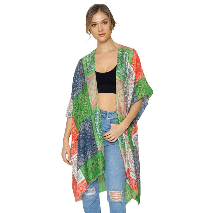 Green Paisley Bandana Patterned Cover Up Kimono Poncho. Lightweight and soft brushed fabric exterior fabric that make you feel more warm and comfortable. Cute and trendy Poncho for women. Great for dating, hanging out, daily wear, vacation, travel, shopping, holiday attire, office, work, outwear, fall, spring or early winter. Perfect Gift for Wife, Mom, Birthday, Holiday, Anniversary, Fun Night Out.