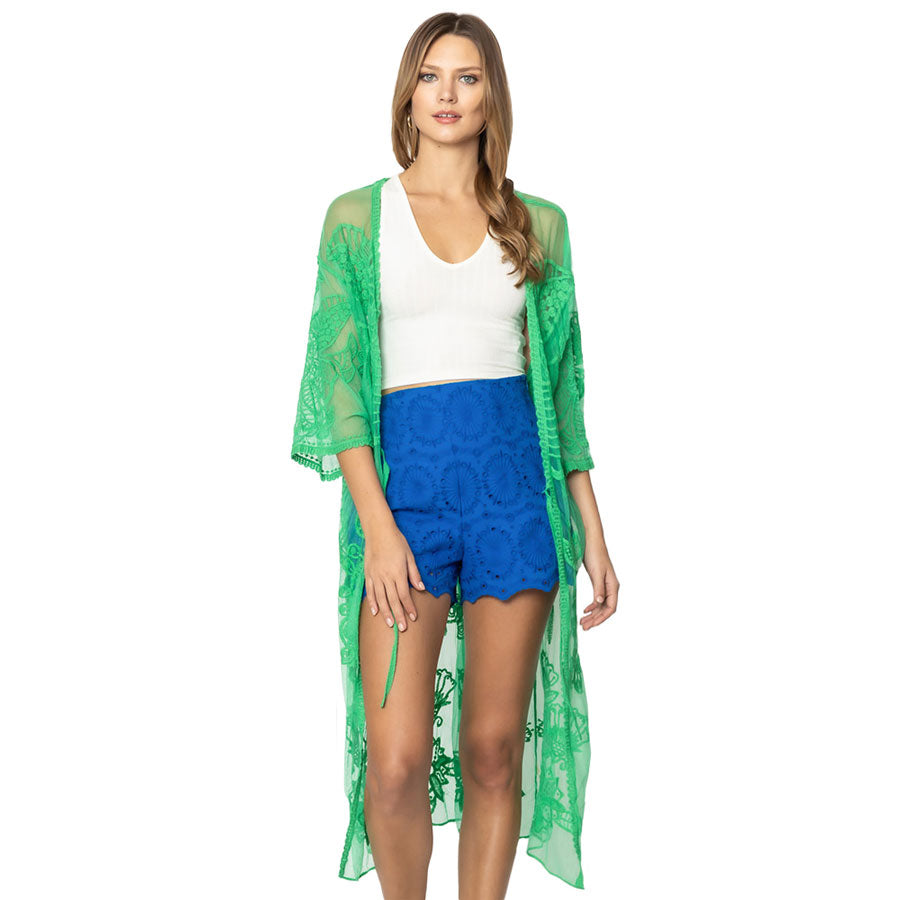 Green Butterfly Lace Cover Up Kimono Poncho, your neck deserves something better than cheap fabrics. This lightweight kimono poncho features a butterfly lace design. It's a design that gives any outfit a unique look. Can even be used as a beach bathing suit wrap. you will receive a lot of compliments on it. Excellent quality and perfect size you will absolutely love this cover-up kimono.