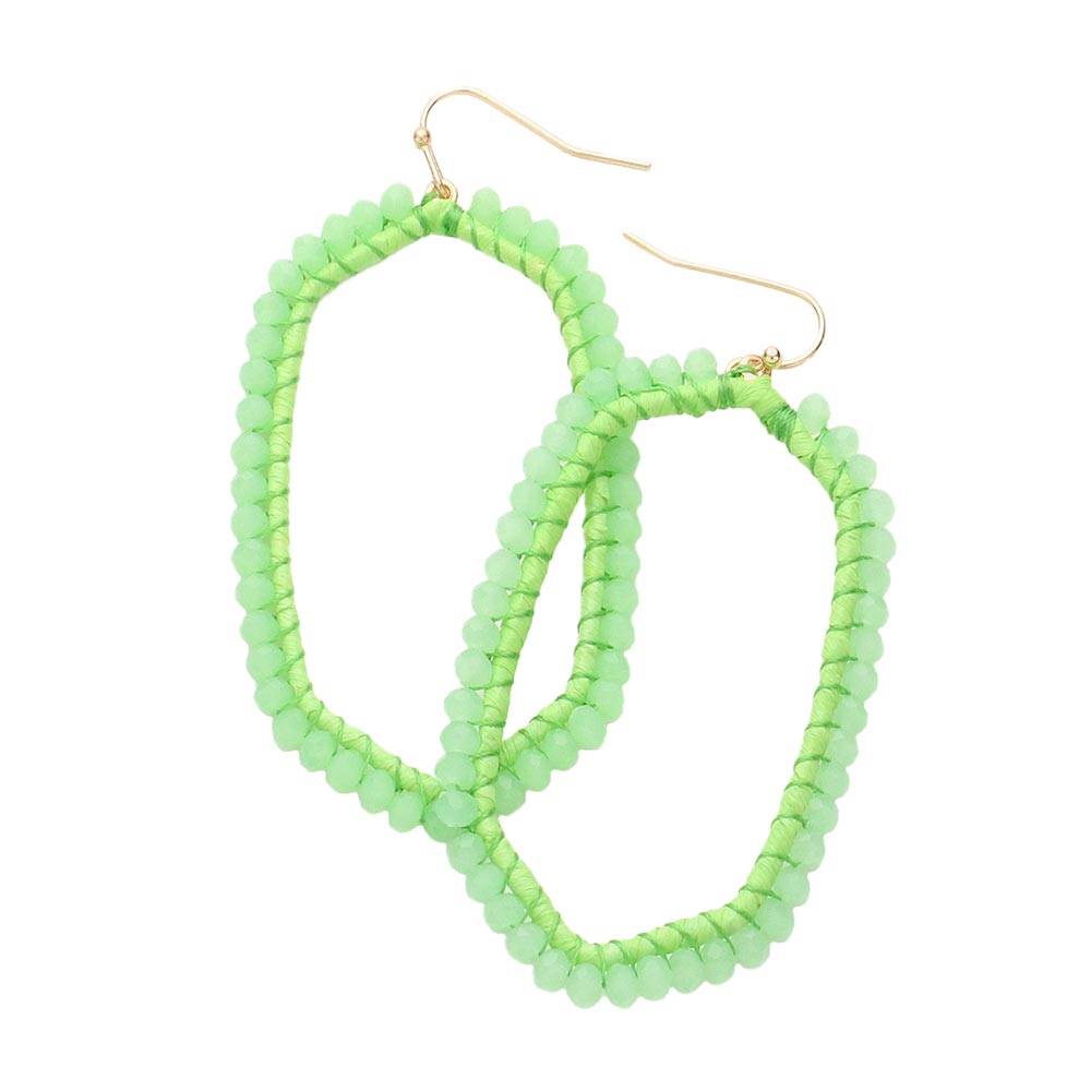 Green Faceted Bead Trimmed Raffia Wrapped Open Hexagon Earrings, enhance your attire with these beautiful raffia earrings to show off your fun trendsetting style. Get a pair as a gift to express your love for woman any person or just for you on birthdays, Mother’s Day, Anniversary, Holiday, Christmas, Parties, etc.