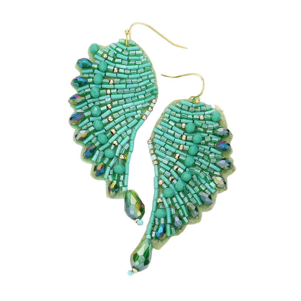 Green Felt Back Bead Embellished Wing Dangle Earrings. This Dangle earring is simple and cute, easy to match any hairstyles and clothes. Great choice to treat yourself and This Angel & Wings themed earrings is perfect for Holiday gift, Anniversary gift, Birthday gift, Valentine's Day gift for a woman or girl of any age.