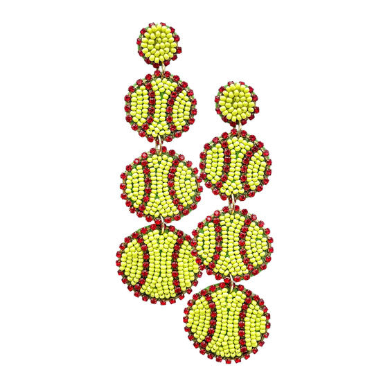 Green Felt Back Beaded Triple Softball Link Dangle Earrings, get into the groove with our gorgeous handcrafted earrings, add a pop of color to your ensemble, just the right amount of shimmer & shine, touch of class, beauty and style to any special events. Perfect Birthday Gift, Anniversary Gift, Mother's Day Gift, Graduation Gift.