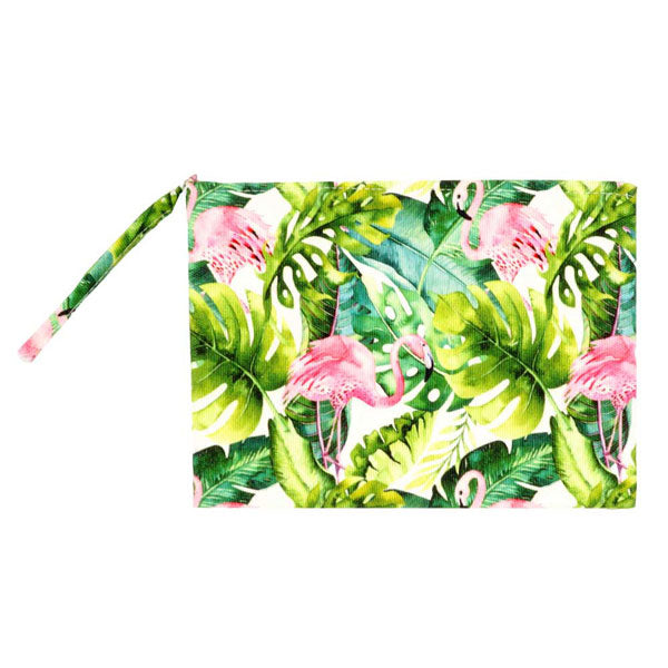 Green Flamingo Tropical Leaf Patterned Pouch Clutch Bag, perfect for makeup, money, credit cards, keys or coins, comes with a wristlet for easy carrying, light and simple. Put it in your bag and find it quickly with it's bright colors. Great for running small errands while keeping your hands free. This fashionable tropical leaf clutch bag will be your new favorite accessory. Perfect Birthday Gift, Mother's Day Gift, Graduation Gift or any other events.
