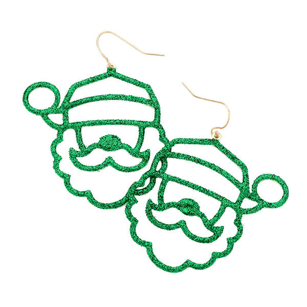 Green Glitter Santa Claus Dangle Earrings; get into the Christmas spirit with our gorgeous handcrafted Christmas earrings, they will dangle on your earlobes & bring a smile to those who look at you. Perfect Gift December Birthdays, Christmas, Stocking Stuffers, Secret Santa, BFF, etc.