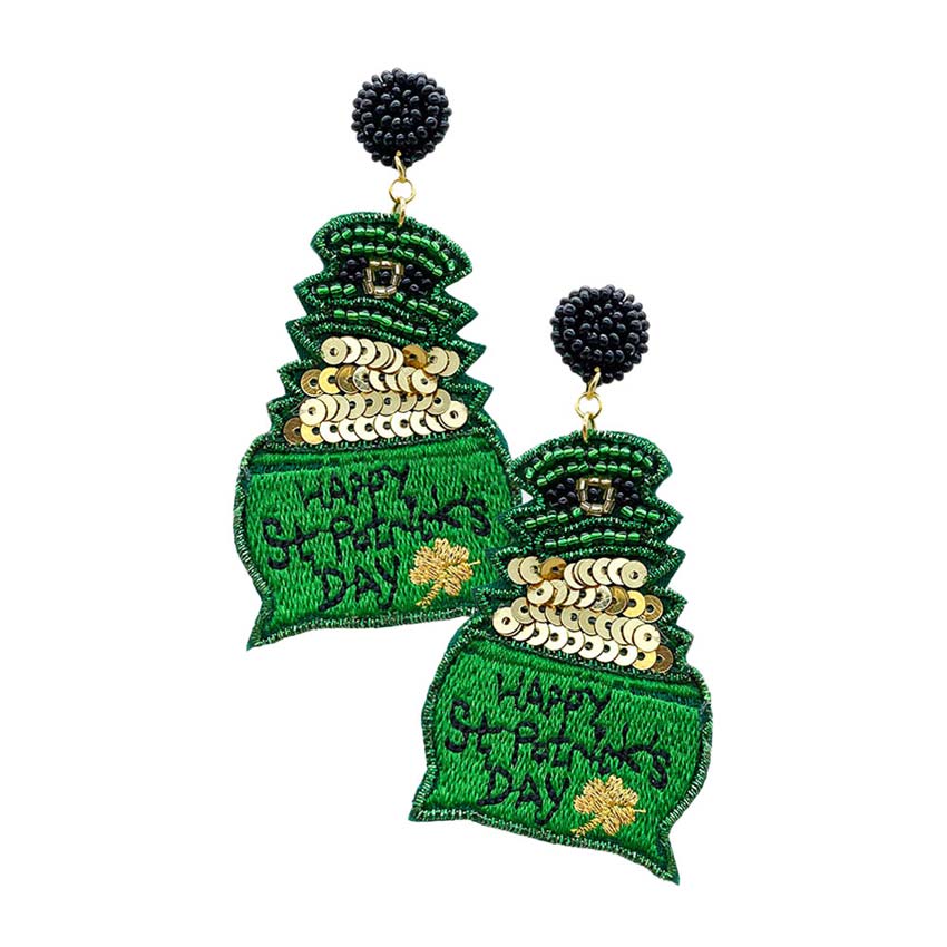 Green Happy St. Patrick's Day Felt Back Pot of Gold Shamrock Dangle Earrings, these adorable felt-back beaded earrings are a wonderful accessory for your St.Patrick's Day outfit. These playful ST Patrick's holiday cheer earrings feature a pot of gold design accents with lucky green beads.