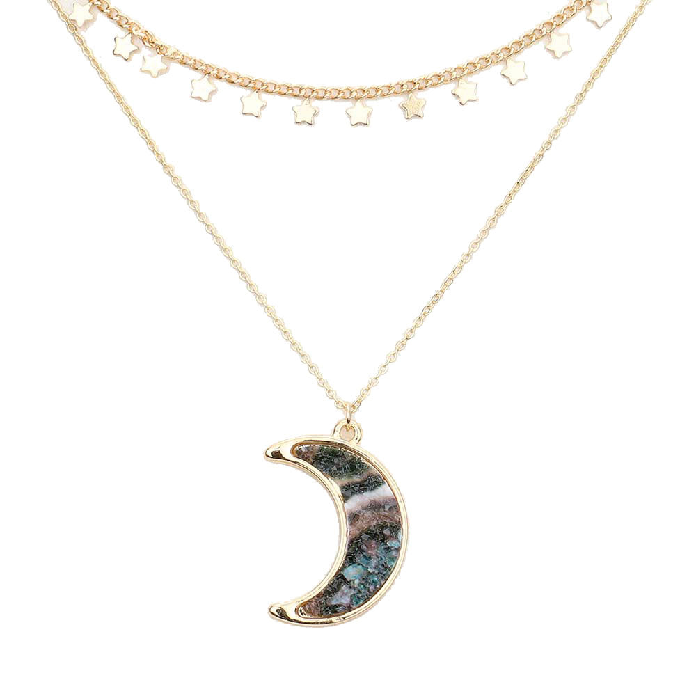 Green Metal Star Station Druzy Crescent Moon Pendant Double Layered Necklace. Beautifully crafted design adds a gorgeous glow to any outfit. Jewelry that fits your lifestyle! Perfect Birthday Gift, Anniversary Gift, Mother's Day Gift, Anniversary Gift, Graduation Gift, Prom Jewelry, Just Because Gift, Thank you Gift.