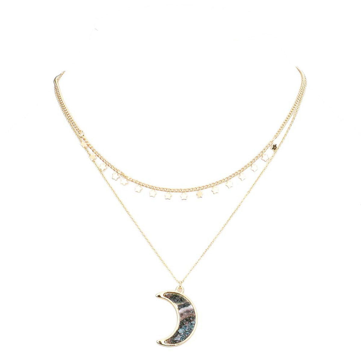 Green Metal Star Station Druzy Crescent Moon Pendant Double Layered Necklace. Beautifully crafted design adds a gorgeous glow to any outfit. Jewelry that fits your lifestyle! Perfect Birthday Gift, Anniversary Gift, Mother's Day Gift, Anniversary Gift, Graduation Gift, Prom Jewelry, Just Because Gift, Thank you Gift.