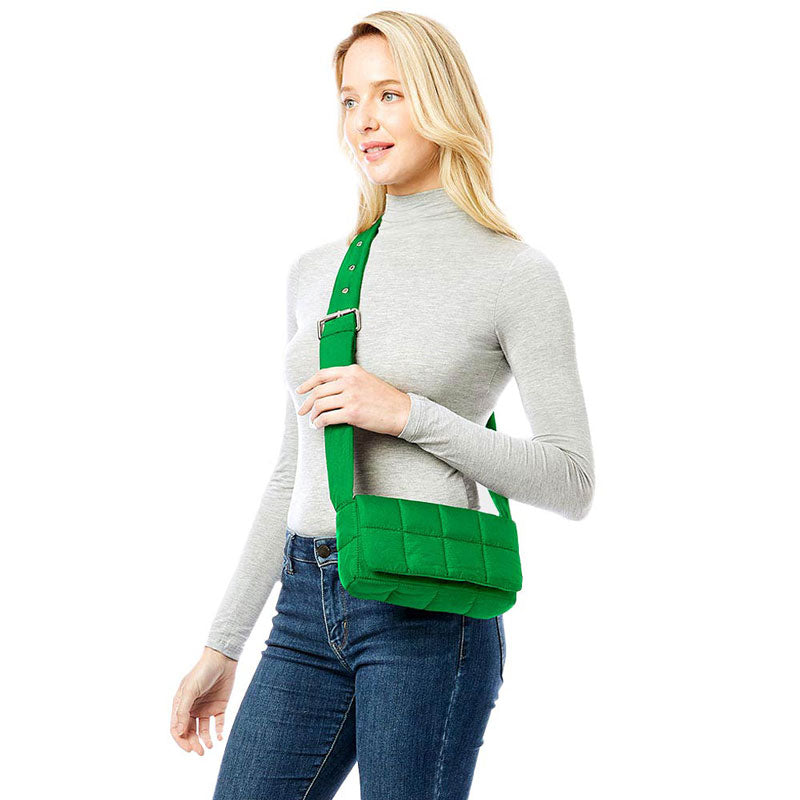 Green Quilted Puffer Crossbody Bag, Complete the look of any outfit on all occasions with this Shiny Puffer Crossbody. These bags offer enough room for your essentials. With a One Inside Zipper Pocket, three two inside slip pockets and a secured Magnetic Closure at the top, this bag will be your new go to! These beautiful and trendy Crossbody have adjustable hand straps that make your life more comfortable. Casual Easy style using for: Work, School, Excursion, Going out, Shopping, Party, etc.