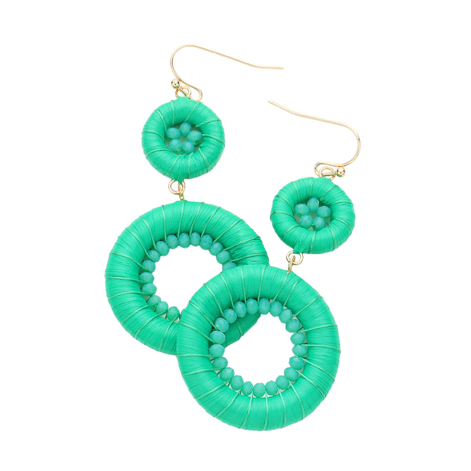 Green Raffia Wrapped Faceted Bead Embellished Dangle Earrings, enhance your attire with these beautiful raffia-wrapped dangle earrings to show off your fun trendsetting style. It can be worn with any daily wear such as shirts, dresses, T-shirts, etc. These dangle earrings will garner compliments all day long. Whether day or night, on vacation, or on a date, whether you're wearing a dress or a coat, these earrings will make you look more glamorous and beautiful.
