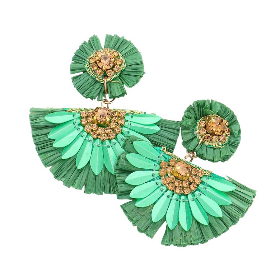 Green Stone Embellished Floral Raffia Link Dangle Earrings, enhance your attire with these beautiful raffia link dangle earrings to show off your fun trendsetting style. Can be worn with any daily wear such as shirts, dresses, T-shirts, etc. These stone-embellished floral raffia earrings will garner compliments all day long. Whether day or night, on vacation or on a date, whether you're wearing a dress or a coat, these flower and leaf-themed earrings will make you look more glamorous and beautiful.