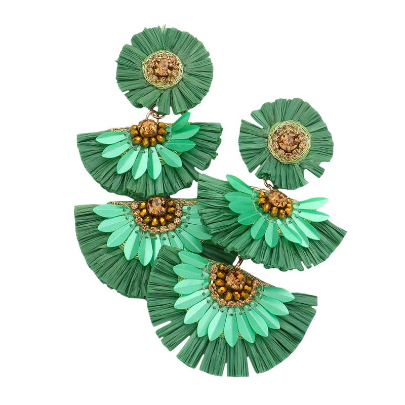 Green Stone Embellished Half Round Raffia Link Dangle Earrings, enhance your attire with these beautiful raffia link dangle earrings to show off your fun trendsetting style. Can be worn with any daily wear such as shirts, dresses, T-shirts, etc. These stone-embellished half-round earrings will garner compliments all day long. Whether day or night, on vacation or on a date, whether you're wearing a dress or a coat, these earrings will make you look more glamorous and beautiful