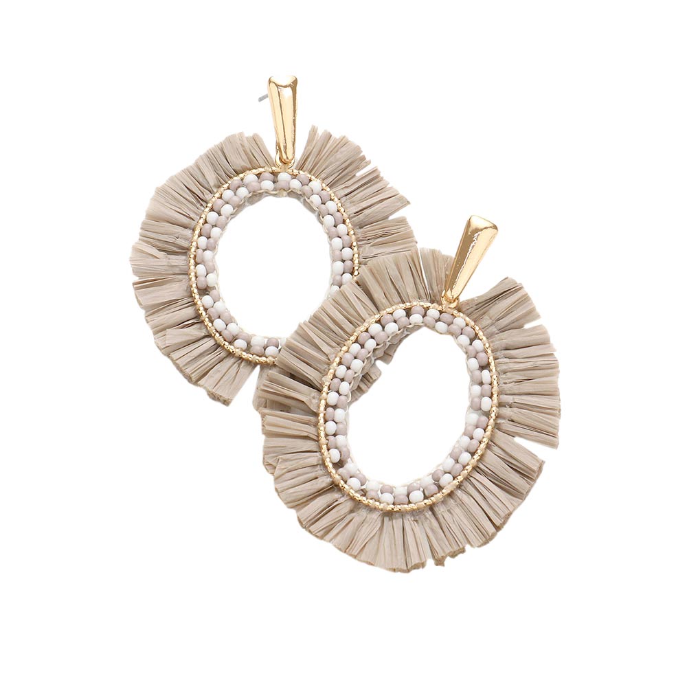 Grey Raffia Trimmed Open Oval Dangle Earrings, enhance your attire with these beautiful open oval dangle earrings to show off your fun trendsetting style. Can be worn with any daily wear such as shirts, dresses, T-shirts, etc. These raffia dangle earrings will garner compliments all day long. Whether day or night, on vacation, or on a date, whether you're wearing a dress or a coat, these earrings will make you look more glamorous and beautiful.
