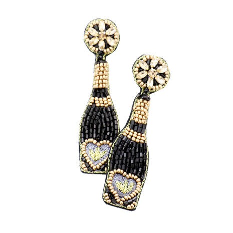 Black Beaded Champagne Earrings, Festive Handcrafted Champagne Bottle Earrings, jewelry that fits your lifestyle adding a pop of pretty color. Enhance your attire with this beautiful Boho Earrings, Seed bead Champagne Earrings. Perfect Birthday Gift, Mother's Day Gift, Anniversary Gift, Thank you Gift, Prom, Graduation Gift, Seed Bead Bottle Earrings