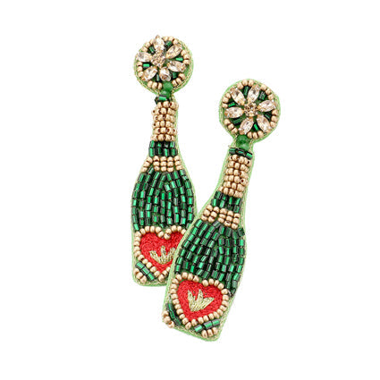 Green Beaded Champagne Earrings, Festive Handcrafted Champagne Bottle Earrings, jewelry that fits your lifestyle adding a pop of pretty color. Enhance your attire with this beautiful Boho Earrings, Seed bead Champagne Earrings. Perfect Birthday Gift, Mother's Day Gift, Anniversary Gift, Thank you Gift, Prom, Graduation Gift, Seed Bead Bottle Earrings