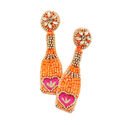 Orange Beaded Champagne Earrings, Festive Handcrafted Champagne Bottle Earrings, jewelry that fits your lifestyle adding a pop of pretty color. Enhance your attire with this beautiful Boho Earrings, Seed bead Champagne Earrings. Perfect Birthday Gift, Mother's Day Gift, Anniversary Gift, Thank you Gift, Prom, Graduation Gift, Seed Bead Bottle Earrings