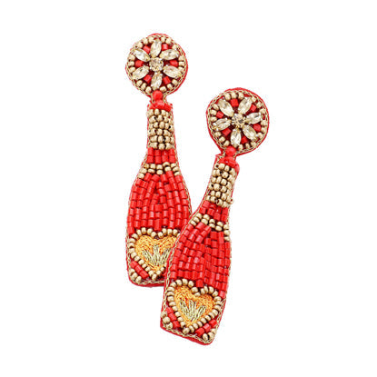Red Beaded Champagne Earrings, Festive Handcrafted Champagne Bottle Earrings, jewelry that fits your lifestyle adding a pop of pretty color. Enhance your attire with this beautiful Boho Earrings, Seed bead Champagne Earrings. Perfect Birthday Gift, Mother's Day Gift, Anniversary Gift, Thank you Gift, Prom, Graduation Gift, Seed Bead Bottle Earrings