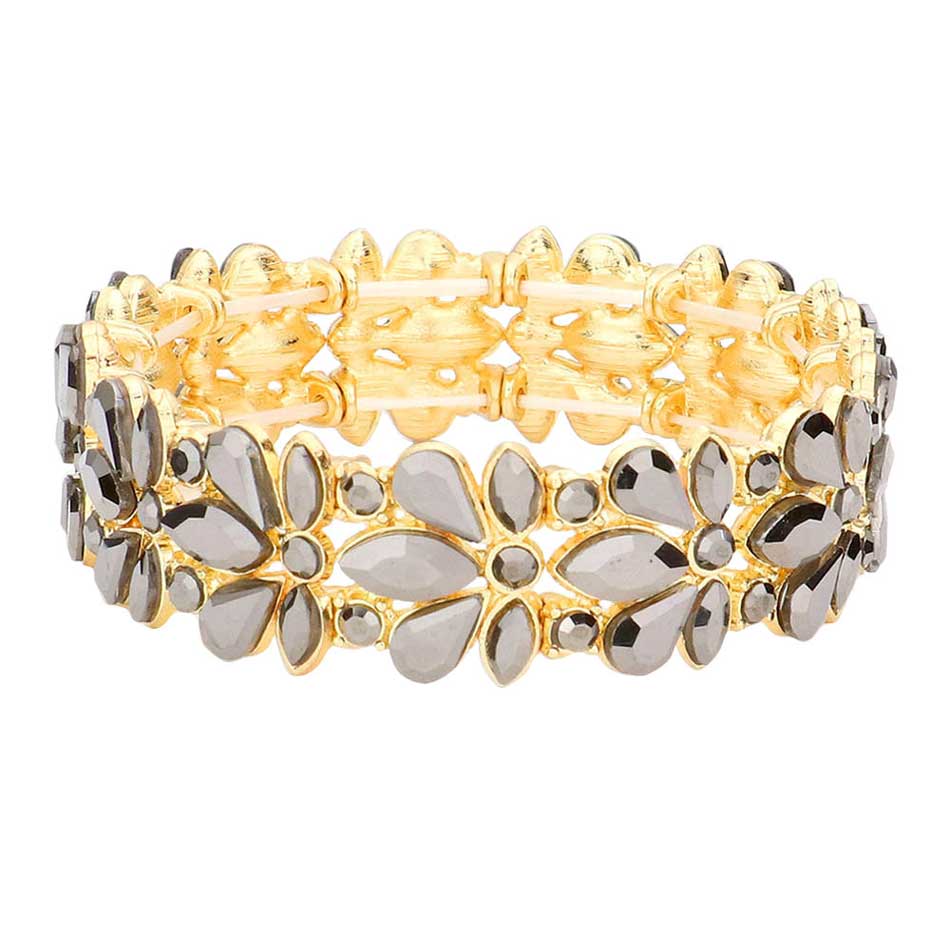 Hematite Floral Crystal Stretch Evening Bracelet, This flower detailed Crystal stunning stretch bracelet is sure to get you noticed, adds a gorgeous glow to any outfit. Jewelry that fits your lifestyle! perfect for a night out on the town or a black tie party, ideal for Special Occasion, Prom or an Evening out. Awesome gift for birthday, Anniversary, Valentine’s Day or any special occasion.