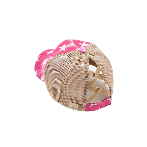 Hot Pink Kids Tie Dye Star Flag Ponycap, comfy kids' cap great for a bad hair day, pull your bun or ponytail thru the back opening, great for keeping your hair away from face while exercising, running, playing sports or just taking a walk. Perfect Birthday Gift, Mother's Day Gift, Anniversary Gift, Thank you Gift, Graduation