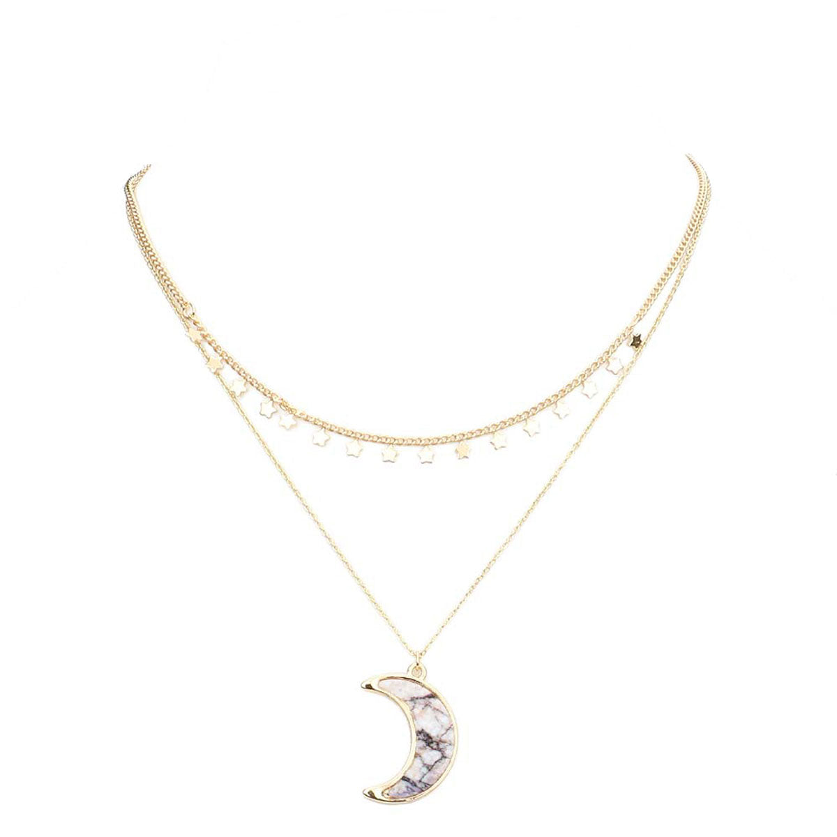 Howlite Metal Star Station Druzy Crescent Moon Pendant Double Layered Necklace. Beautifully crafted design adds a gorgeous glow to any outfit. Jewelry that fits your lifestyle! Perfect Birthday Gift, Anniversary Gift, Mother's Day Gift, Anniversary Gift, Graduation Gift, Prom Jewelry, Just Because Gift, Thank you Gift.