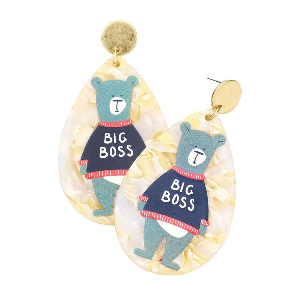 Bear Accented Celluloid Acetate Teardrop Dangle Earrings. Classic, Elegant dangle earrings ideal for parties, weddings, graduation, prom, holidays, pair these evening earrings with any ensemble for a polished look. These animal themed earrings pair perfectly with any ensemble from business casual, to night out on the town or a black tie party. Also makes a great gift for a loved one or for yourself.