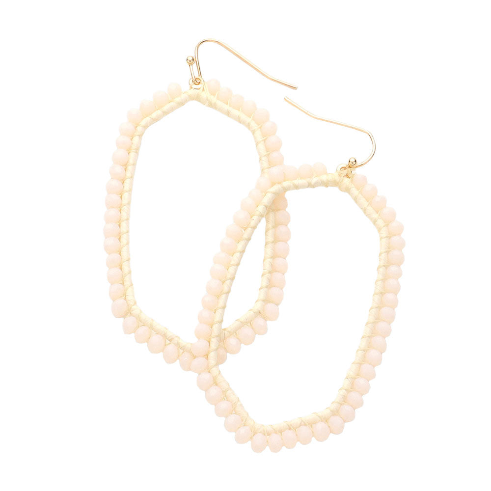 Ivory Faceted Bead Trimmed Raffia Wrapped Open Hexagon Earrings, enhance your attire with these beautiful raffia earrings to show off your fun trendsetting style. Get a pair as a gift to express your love for woman any person or just for you on birthdays, Mother’s Day, Anniversary, Holiday, Christmas, Parties, etc.