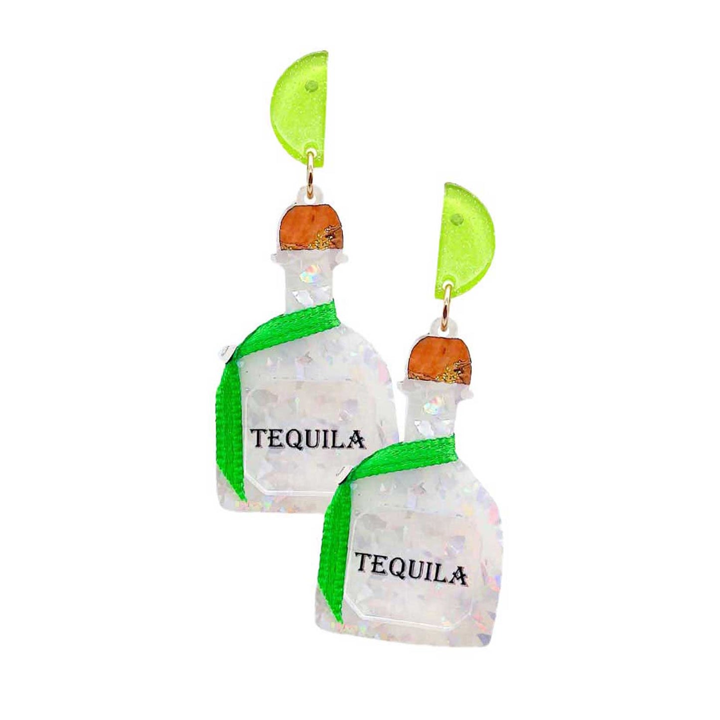 Ivory Glittered Resin Tequila Dangle Earrings. These fashionable trendy tequila bottle earrings are suitable for every girl! These gorgeous earrings are unique in design, light and sparky. Perfect for Valentine’s Day, bachelorette party, Beach Party, Vacation Earrings, Party Earrings, Party Favors to glam up your party outfit.