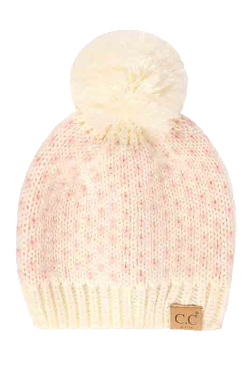 Ivory Pink C C Kids Heart Pattern Knit Beanie with Pom, awesome heart pattern design with yarn pom makes it beautiful and keeps your kids standing out with perfect beauty. Wear throughout the winter and cold days to ensure absolute comfortability. Coordinate with any outfit to match the best with perfect warmth and coziness. It Comes in one size winter cap with a pom that fits most head sizes. Enjoy the winter in comfort with this Heart Beanie!