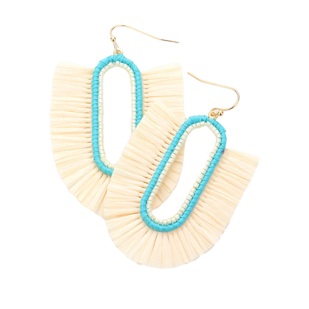Ivory Raffia Trimmed Dangle Earrings, enhance your attire with these beautiful dangle earrings to show off your fun trendsetting style. Can be worn with any daily wear such as shirts, dresses, T-shirts, etc. These raffia earrings will garner compliments all day long. Whether day or night, on vacation, or on a date, whether you're wearing a dress or a coat, these earrings will make you look more glamorous and beautiful.