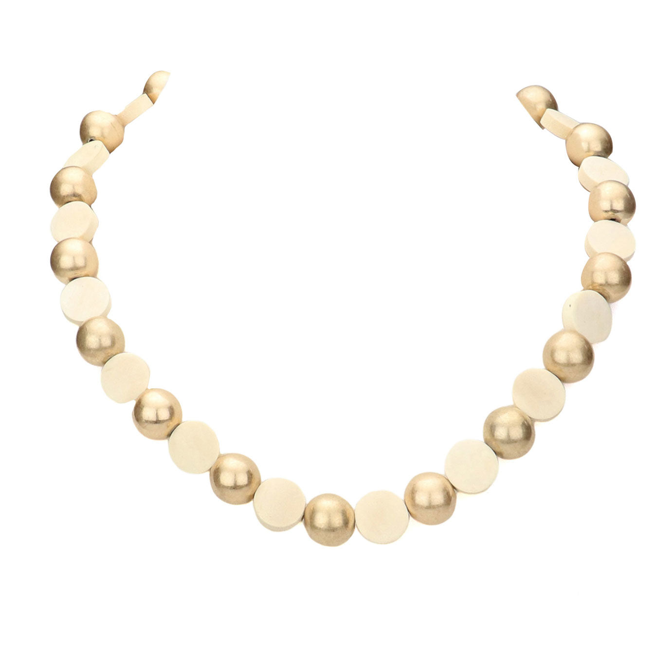 Ivory Round Wood Metal Ball Necklace, delicately polished necklace will enhance your look, versatile enough for wearing straight through the week, perfectly lightweight for all-day wear, coordinate with any ensemble from business casual to everyday wear, the perfect addition to every outfit. Adds a touch of nature-inspired beauty to your look.