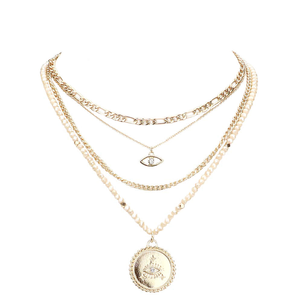 Ivory Stone Embellished Evil Eye Pendant Multi Layered Bib Necklace. Beautifully crafted design adds a gorgeous glow to any outfit. Jewelry that fits your lifestyle! Perfect Birthday Gift, Anniversary Gift, Mother's Day Gift, Anniversary Gift, Graduation Gift, Prom Jewelry, Just Because Gift, Thank you Gift.