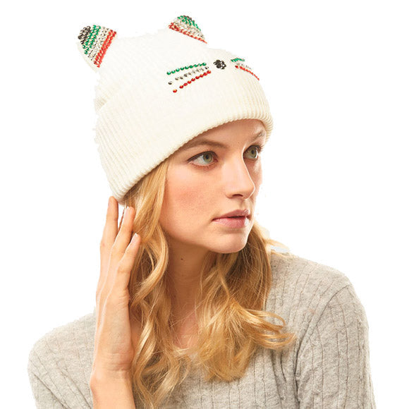 Cat Ear Ivory Beanie Hat Soft Cozy Crystal Embellished Cat Ear Beanie Hat Crystal Cat Ear Winter Hat, reach for this toasty hat to keep you warm when running out the door. Autumnal touch to finish your outfit in style. Birthday Gift, Christmas Gift, Cold Weather, Valentine's Day Gift, Bad Hair Day, Fun Stylish Hat, Cat mom hat