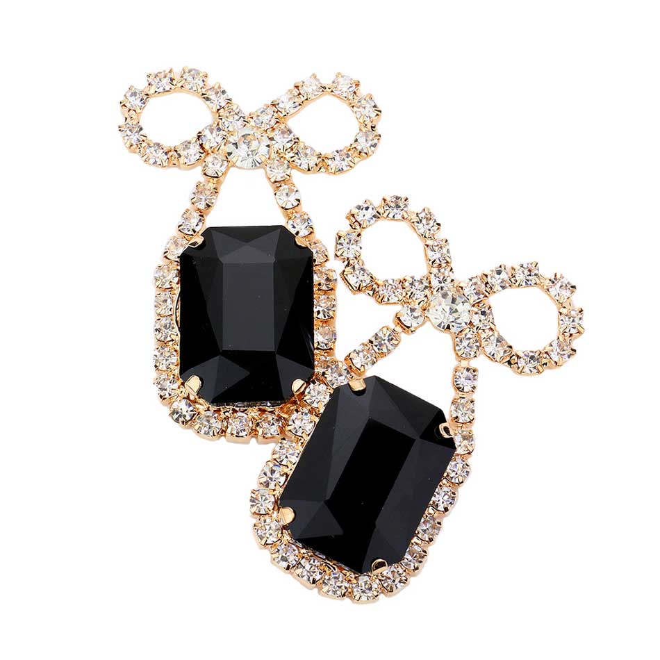 Jet Black Rhinestone Bow Emerald Cut Stone Evening Earrings, elegance becomes you in these lightweight and playful, shiny glamorous studs, the perfect sparkling accessory to add some sophisticated fun to your next social event. Throw your hair up and show off how artfully these exquisite earrings sway! Suitable for wear Party, Wedding, Date Night or any special events. Perfect Birthday, Thank you Gift.