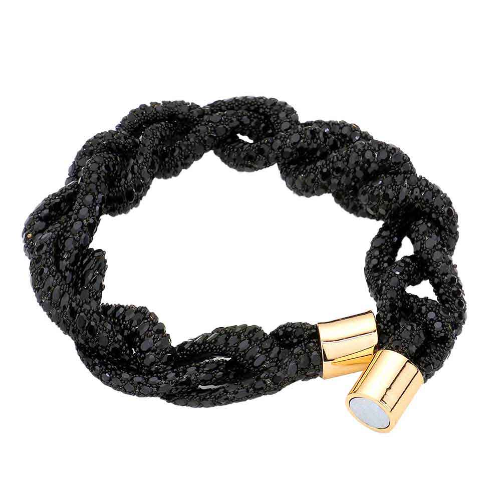 Jet Black Bling Braided Magnetic Bracelet, Glam up your look with this Magnetic bracelet featuring an alluring braided mesh design and high polish finish for extra sheen. The magnet clasp keeps the bracelet secure on your wrist and makes it easy to wear and take off. This wide braided bracelet works well as a statement jewelry piece. Awesome gift for birthday, Anniversary, Valentine’s Day or any special occasion.