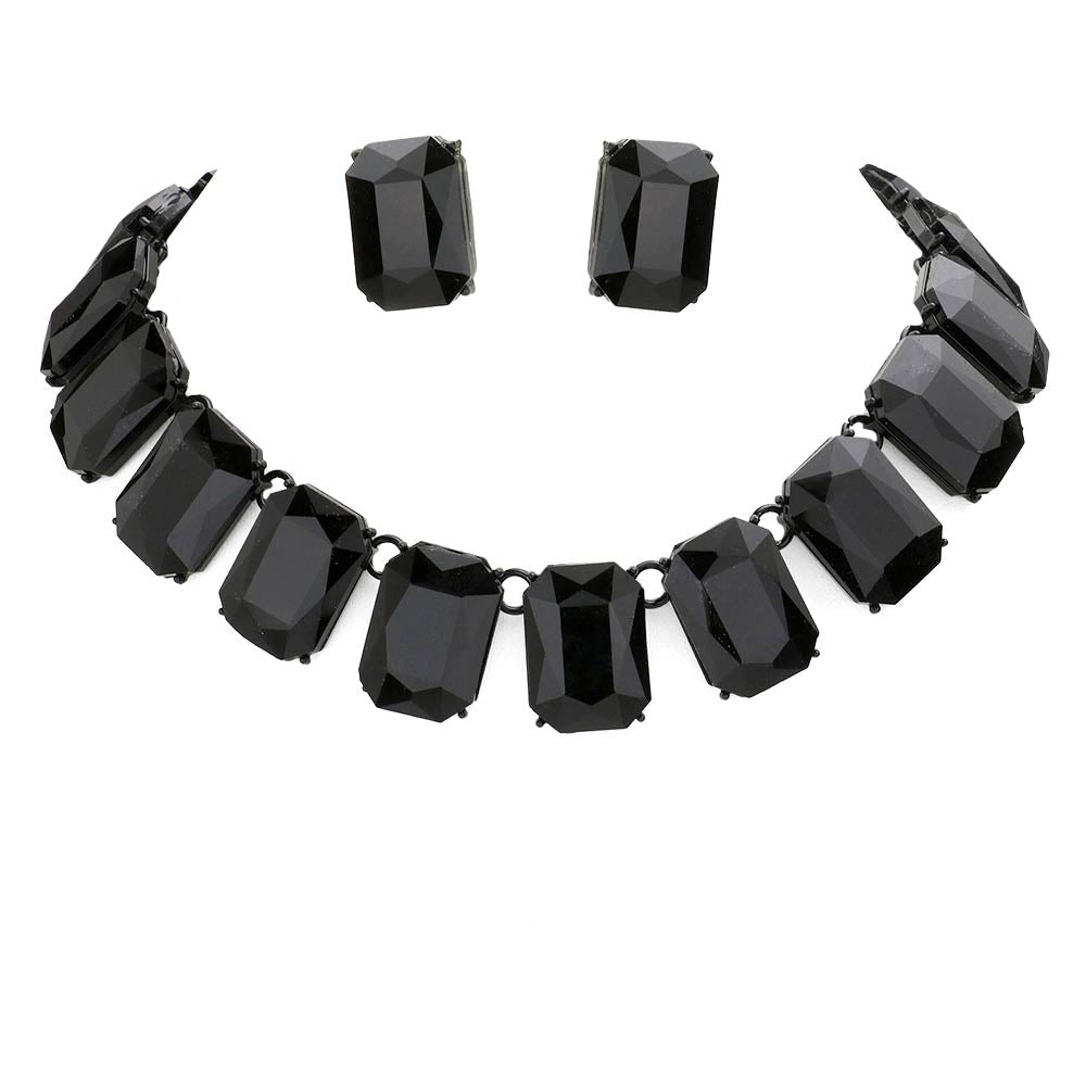 Jet Black Emerald Cut Stone Link Evening Necklace, This gorgeous necklace jewelry set will show your class on any special occasion. The elegance of these stones goes unmatched, great for wearing at a party! stunning jewelry set will sparkle all night long making you shine like a diamond on special occasions. Perfect jewelry to enhance your look and for wearing at parties, weddings, date nights, or any special event.