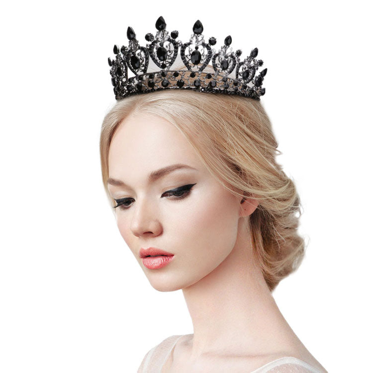 Jet Black Multi Stone Embellished Queen Tiara. Perfect for adding just the right amount of shimmer & shine, will add a touch of class, beauty and style to your wedding, prom, special events, embellished glass Stone to keep your hair sparkling all day & all night long. Suitable for Wedding, Engagement, Prom, Dinner, Birthday.