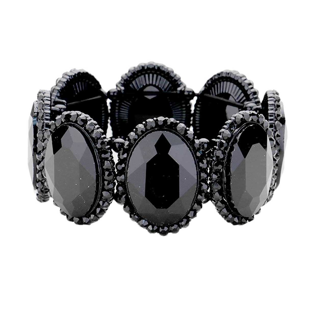 Jet Black Rhinestone Trim Oval Crystal Stretch Evening Bracelet, brings a gorgeous glow to your outfit to show off royalty on any special occasion. It's a perfect beauty that highlights your appearance and grasps everyone's eye on any special occasion. Is a glowing and sparkling beauty that is perfect to show off your glowing look and enrich your beauty to a greater extent.