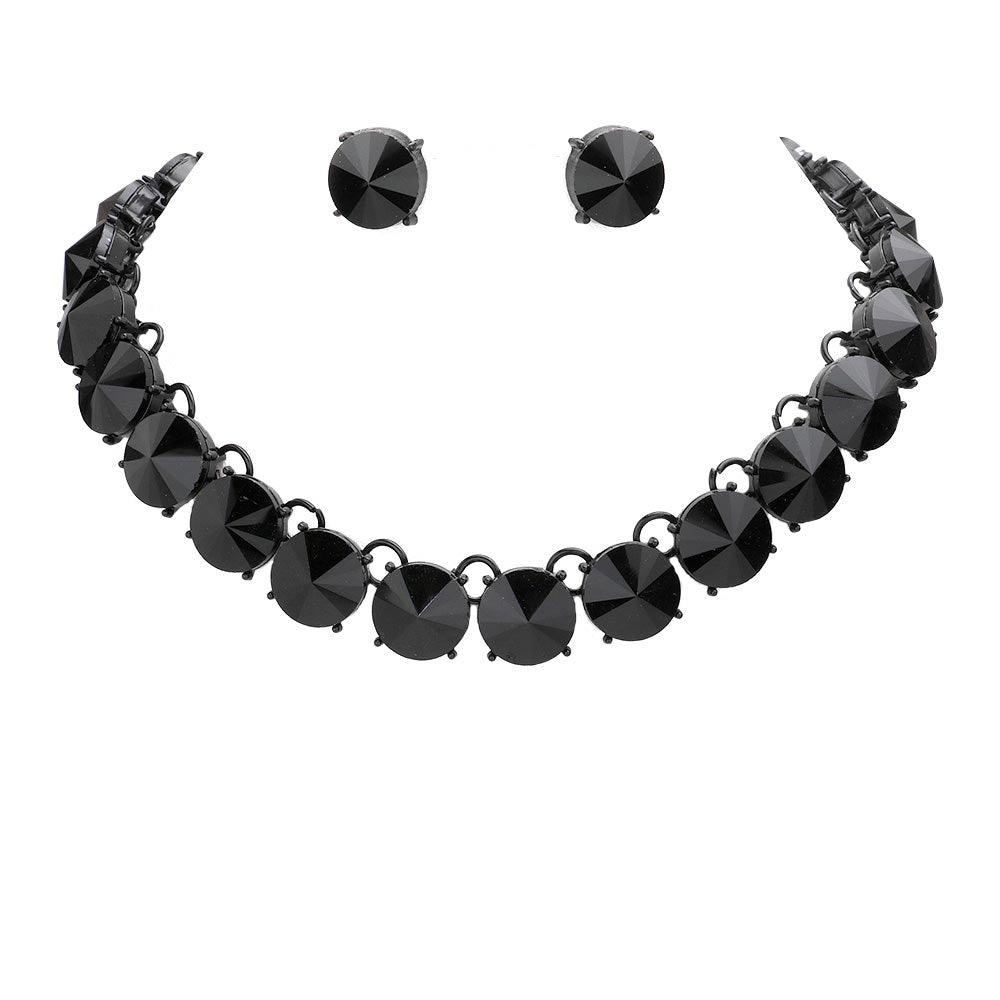 Jet Black Round Stone Link Evening Necklace, This gorgeous necklace jewelry set will show your class on any special occasion. The elegance of these stones goes unmatched, great for wearing at a party! Stunning jewelry set will sparkle all night long making you shine like a diamond on special occasions. Perfect jewelry to enhance your look and for wearing at parties, weddings, date nights, or any special event.