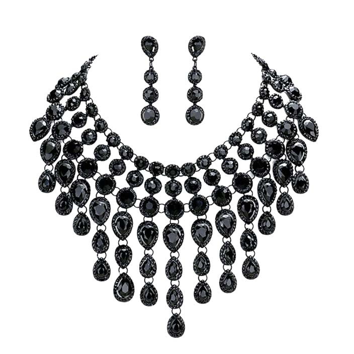 Jet Black Round Teardrop Stone Cluster Evening Bib Necklace, This gorgeous jewelry set will show your class on any special occasion. The elegance of these stones goes unmatched, great for wearing at a party! stunning jewelry set will sparkle all night long making you shine like a diamond on special occasions. Perfect jewelry to enhance your look and for wearing at parties, weddings, date nights, or any special event.