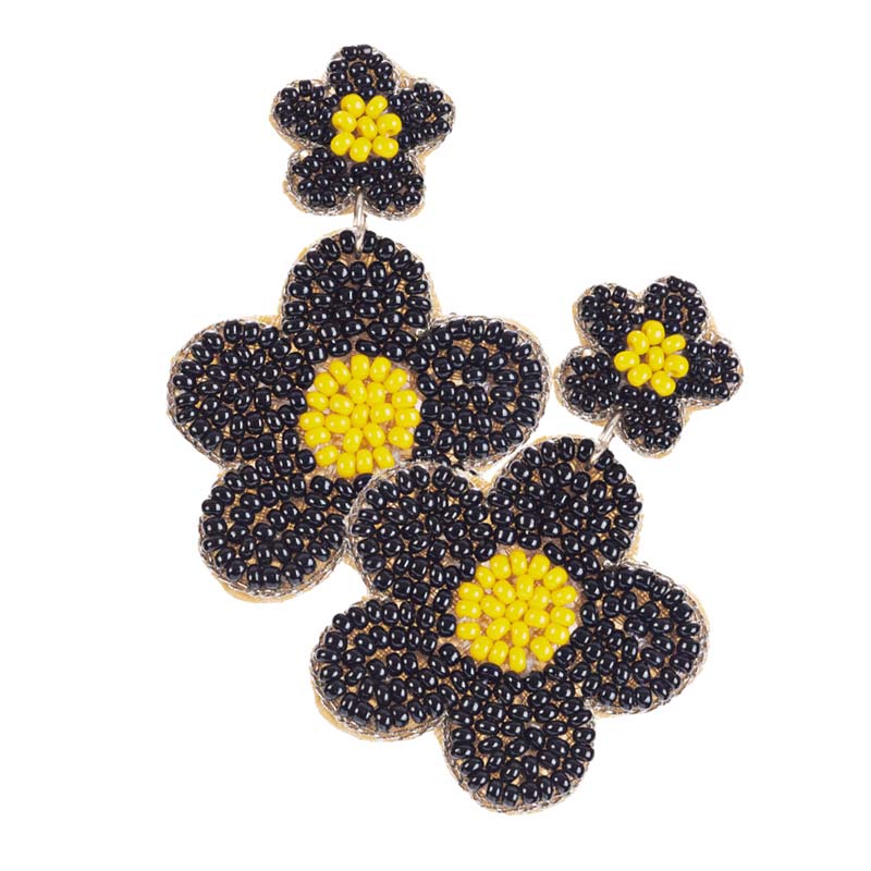 Jet Black Seed Beaded Double Flower Link Dangle Earrings, Turn your ears into a chic fashion statement with these flower & leaf themed earrings! Embrace the spirit of beauty & nature with these awesome Seed Beaded earrings. These adorable floral earrings are bound to cause a smile. These beautifully fun and festive earrings with bright colors are suitable as gifts for wife, girlfriend, lover, friend, and mother.