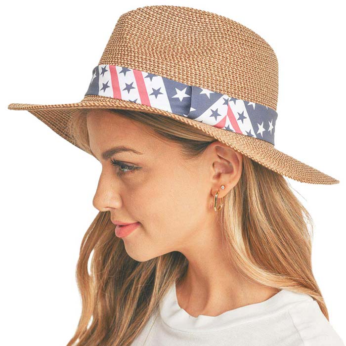 Khaki American USA Flag Band Panama Straw Sun Hat, Show your patriotic side with this cute Panama Straw Hat featuring with star theme USA flag Band. Large comfortable, and perfect for keeping the sun off of your face, neck, and shoulders. It's a perfect Birthday, Mother's Day, Anniversary, or Vacation gift Giftware.