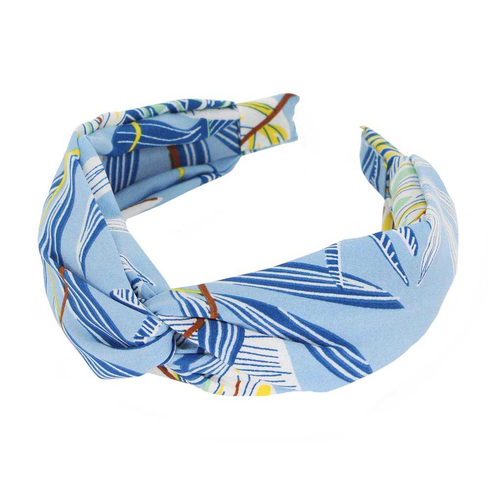 Light Blue Tropical Leaf Patterned Twisted Headband, create a natural & beautiful look while perfectly matching your color with the easy-to-use leaf-twisted headband. Push your hair back and spice up any plain outfit with this tropical leaf patterned headband! Be the ultimate trendsetter & be prepared to receive compliments wearing this chic headband with all your stylish outfits!