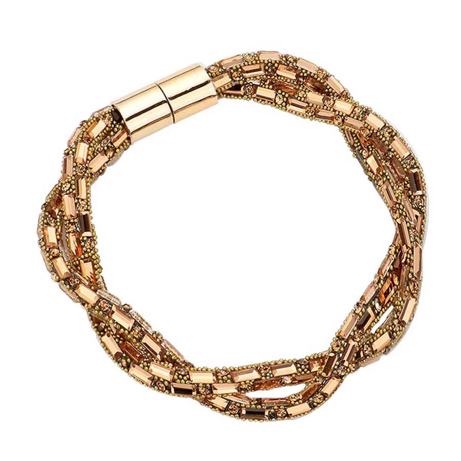 Light Col Topaz Stone Embellished Twisted Magnetic Bracelet, Glam up your look with this Magnetic bracelet. Make your vibe extra sparkly with this eye-catching arm candy. The magnet clasp keeps the bracelet secure on your wrist and makes it easy to wear and take off. This wide Twisted- style bracelet works well as a statement jewelry piece. Awesome gift for birthday, Anniversary, Valentine’s Day or any special occasion.