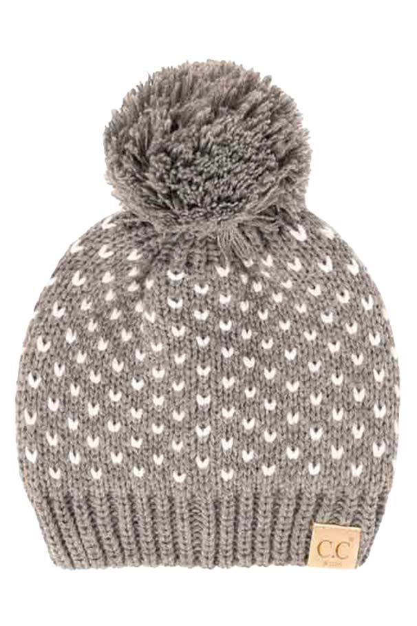 Light Melange Grey Ivory C C Kids Heart Pattern Knit Beanie with Pom, awesome heart pattern design with yarn pom makes it beautiful and keeps your kids standing out with perfect beauty. Wear throughout the winter and cold days to ensure absolute comfortability. Coordinate with any outfit to match the best with perfect warmth and coziness. It Comes in one size winter cap with a pom that fits most head sizes. Enjoy the winter in comfort with this Heart Beanie!